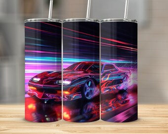 May include: A stainless steel tumbler with a design of a red and blue sports car speeding through a neon light tunnel. The car has flames on the side and is reflecting the neon lights.