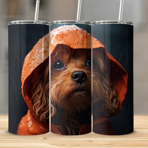 Puede incluir: Un perro marrón y blanco con un impermeable naranja con gotas de agua. El perro está mirando hacia arriba y hacia la derecha. El fondo es gris oscuro con rayas de lluvia.