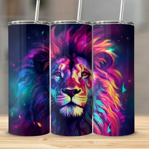 Neon Lion Tumbler, 20oz skinny tumbler wrap, straight and tapered tumbler sublimation design, Neon Lion png, Animal Lovers, Big Cats png