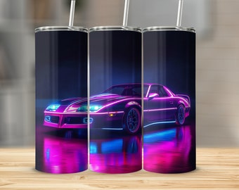 May include: A stainless steel tumbler with a neon pink and blue sports car graphic. The car is a classic design with a sleek, futuristic look.