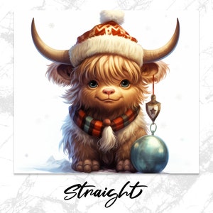 May include: A fluffy, light brown Highland cow with horns, wearing a red and white striped scarf and a cream-colored winter hat. It holds a teal-colored Christmas ornament with a star-shaped charm. The image is digitally painted and has a whimsical, festive style. The word 'Straight' is written below the image.