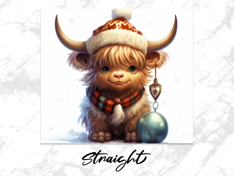 May include: A fluffy, light brown Highland cow with horns, wearing a red and white striped scarf and a cream-colored winter hat. It holds a teal-colored Christmas ornament with a star-shaped charm. The image is digitally painted and has a whimsical, festive style. The word 'Straight' is written below the image.