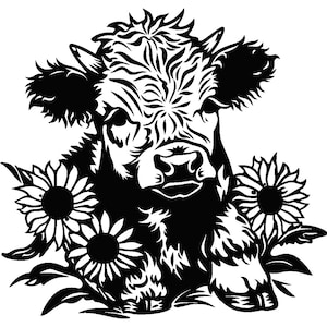 May include: Black and white silhouette of a cow's head with flowers surrounding it.