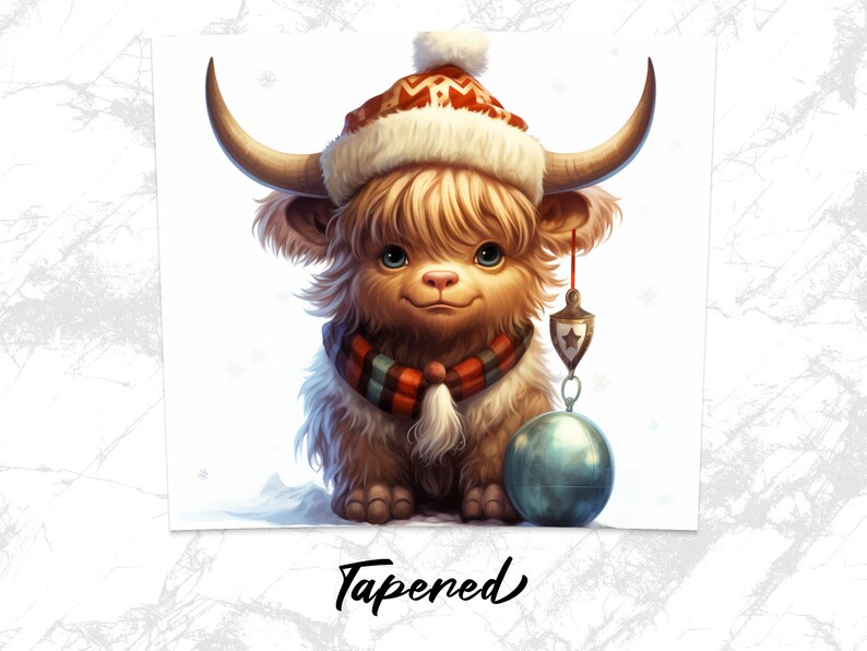 May include: A whimsical illustration of a Highland cow, adorned in a festive red and white knit hat and scarf.  The fluffy, light brown cow has large horns and expressive blue eyes. It holds a teal-colored ornament on a string, adding a touch of holiday cheer. The word 'Tapered' is written below the image.