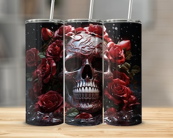 Skull Roses 20oz skinny tumbler wrap straight and tapered tumbler sublimation design PNG of Skull Roses