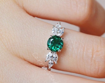Genuine 6mm Lab Created Emerald Ring/Silver Emerald Engagement Ring/May Birthstone Jewelry