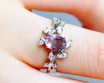 Nature Inspired Lavender Purple Amethyst Ring/Silver Leaf Band Light Purple Engagement Ring/Oval Purple Gemstone Promise Ring