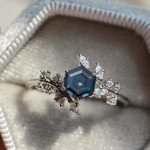 London Blue Topaz Branch Ring - Hexagon Blue Stone Engagement Ring Silver -  Nature Inspired Twig Ring for Women