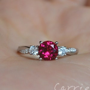 3 Stone Style Ruby Ring/925 Silver Lab Ruby Engagement Ring/Red Gem Anniversary Ring/Twist Band
