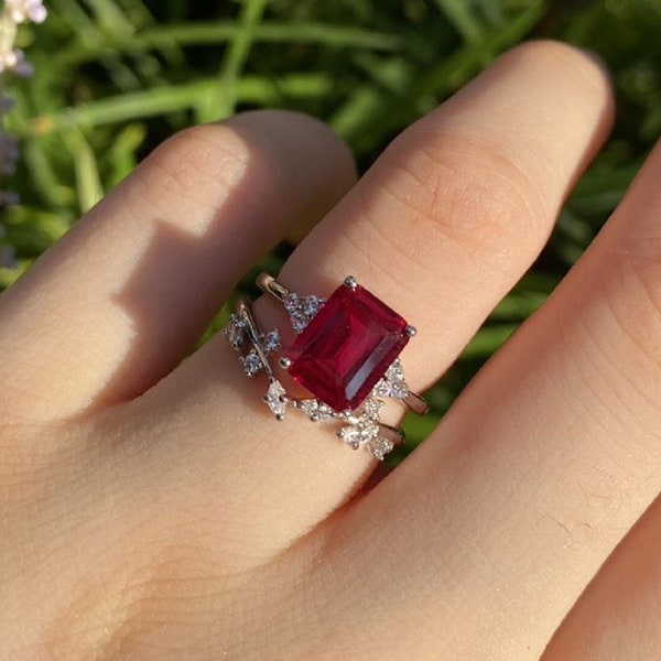 Vintage Emerald cut Ruby Ring Set - 2ct Ruby Stacking Ring Set - Red Stone Promise Ring - July Birthstone