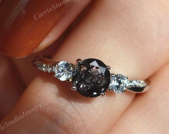 Vintage Twist Band Black Rutilated Quartz Engagement Ring | 3 Stone Promise Ring Silver | Black Stone Personalized Gift Handmade