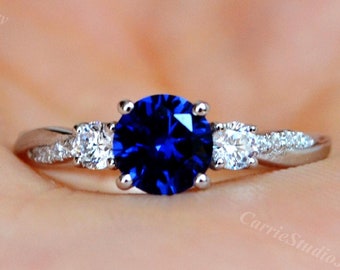 Handmade Twist Blue Sapphire Ring Silver - 3 Stone Engagement Ring -Vintage Promise Ring White Gold - Anniversary Gift for her