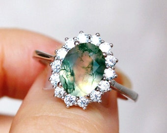 Oval Moss Agate Engagement Ring - 2ct Green Agate Promise Ring Silver - Anniversary Gift for Her