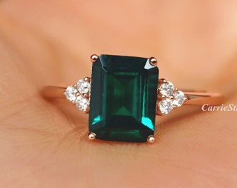 Solid 14K Gold Emerald Ring/7*9mm Emerald Engagement Ring/Emerald Cut Promise Ring/Unique Personalized Gift for Her May Birthstone Ring