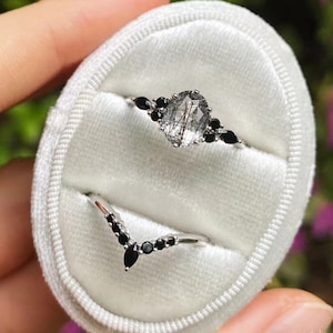 Rutilated Quartz Black Diamond Ring Set - Tourmalinated Quartz Engagement Ring Set - Anniversary Gift for Her - Silver Black Stone Jewelry