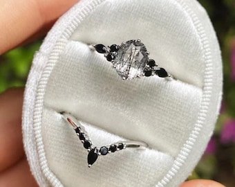Rutilated Quartz Black Diamond Ring Set - Tourmalinated Quartz Engagement Ring Set - Anniversary Gift for Her - Silver Black Stone Jewelry