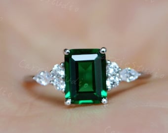 Silver Emerald Engagement Ring/Emerald Cut Promise Ring/Emerald Anniversary Ring Unique Gift for Her