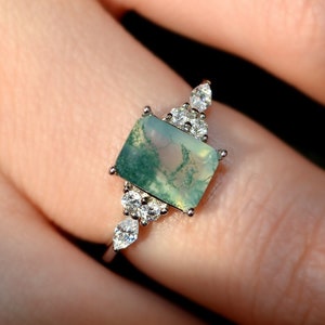 Unique Natural Moss Agate Ring/Emerald Cut Green Agate Sterling Silver Ring/Promise Ring/Anniversary Gift for Her