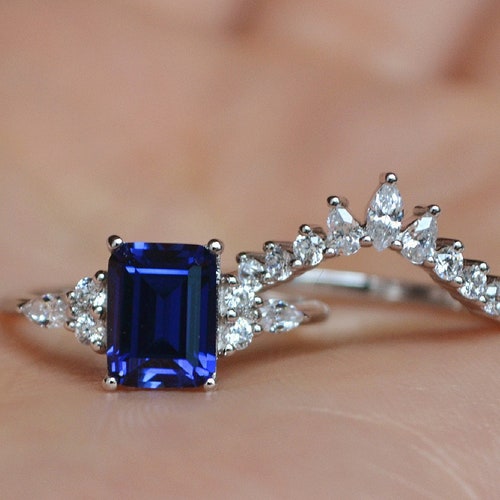 Emerald Cut Blue Sapphire Ring Set/sapphire Engagement Ring Etsy