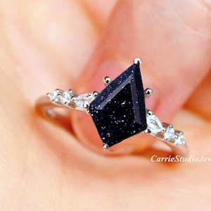 Kite Blue Sandstone Ring/7*10mm Galaxy Blue Engagement Ring Silver/Blue Gemstone Promise Ring/Goldstone Ring