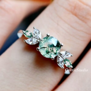Unique Moss Agate Engagement Ring - Green Agate Promise Ring for Women - Leaf Ring Silver - Nature Inspired Ring - Personalized Gift
