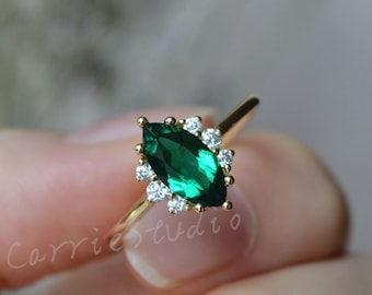 Anillo de compromiso con esmeralda talla marquesa / Anillo de esmeralda de oro macizo de 14 quilates / Anillo de aniversario con esmeralda / Anillo de piedra natal de mayo
