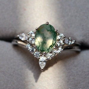 Vintage Natural Green Moss Agate Ring Set/Sterling Silver Oval Engagement Ring Set/Anniversary Gift for Women