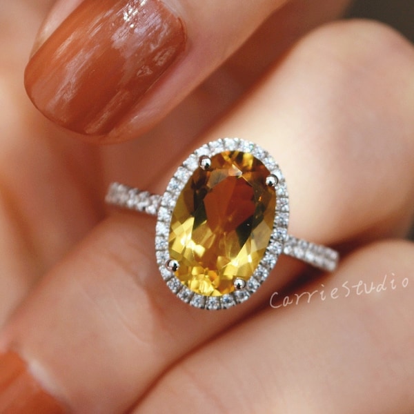 Vintage Halo Citrine Ring/8*12 Oval Cut Yellow Citrine Engagement Ring/November Birthstone Ring/Sterling Silver Statement Ring Gift for her