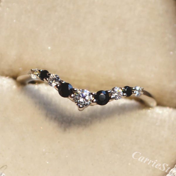 Curved Black Diamond Ring - Dainty Wedding Band Silver - Sturdy Stackable Matching Band