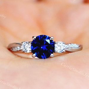 Handgemachte Twist Blau Saphir Ring Silber - 3 Stein Verlobungsring - Vintage Versprechen Ring Weißgold - Jahrestag Geschenk für Sie