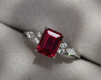 Anillo de rubí con corte esmeralda/Anillo de compromiso con rubí para mujer/Anillo de aniversario con piedra preciosa roja de plata esterlina/Regalo único para ella