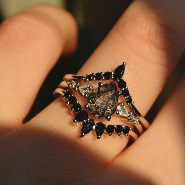 Pear Rutilated Quartz Ring Set - Black Tourmalinated Quartz Engagement Ring Set - Black Stone Ring Silver - Anniversary Gift for Her