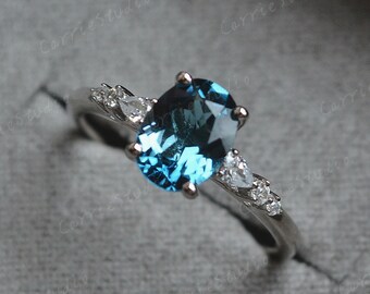 Natual London Blue Topaz Ring/Silver 6*8mm Oval Topaz Engagement Ring/Topaz Anniversary Ring Gift