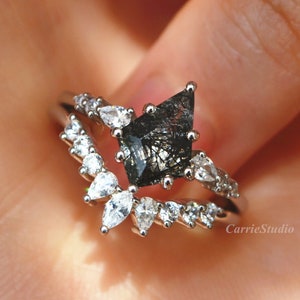 Kite Black Rutilated Quartz Ring Set/7*10mm Black Tourmaline Engagement Ring/Silver Black Stone Ring/Anniversary Ring Set for Women