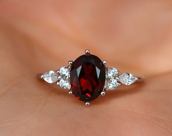 Red Garnet Ring/Silver Oval Cut Garnet Promise Ring/Red Gemstone Ring Garnet Jewelry