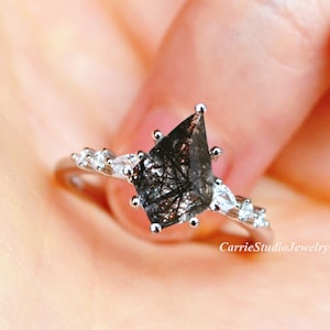 Black Rutilated Quartz Ring/Kite 7*10mm Rutilated Quartz Engagement Ring/Silver Black Stone Ring/Anniversary Gift for Her