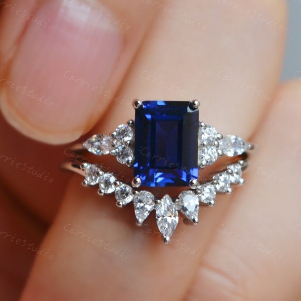 Bague de saphir bleu taille émeraude / bague de fiançailles en saphir bague d’anniversaire / bijoux gemmes bleus