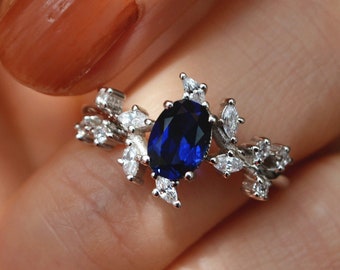 Unique Leaf Band Sapphire Ring/Silver Blue Sapphire Engagement Ring/Blue Gemstone Promise Ring/Anniversary Gift for Her