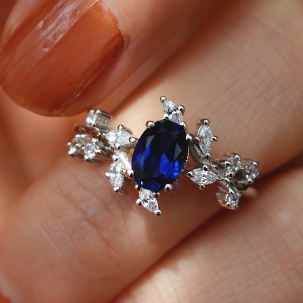 Unique Leaf Band Sapphire Ring/Silver Blue Sapphire Engagement Ring/Blue Gemstone Promise Ring/Anniversary Gift for Her