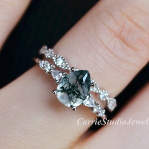 Unique Pear Moss Agate Ring Set/Silver Alternative Engagement Ring/Green Gemstone Ring/Anniversary Gift for Her