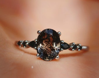 Unique Natural Rutilated Quartz Ring | Black Engagement Sterling Silver Ring | Personalized Gift for Women
