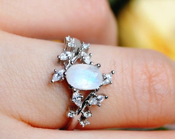 Leaf Inspired Moonstone Ring/Oval Branch Engagement Ring/Natural Moonstone Promise Ring for Women/Gift for Her