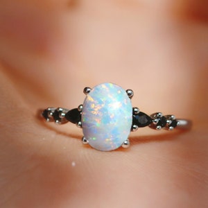 Vintage Opal Black Diamond Ring - Opal Engagement Ring Silver - Untraditional Promise Ring - Unique Anniversary Gift for Women