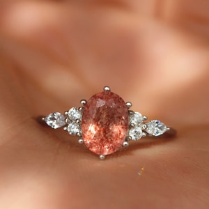 Strawberry Quartz Engagement Ring/Oval Pink Quartz Stacking Ring Set/Sterling Silver Promise Ring for Women/Sweet Gift for Her