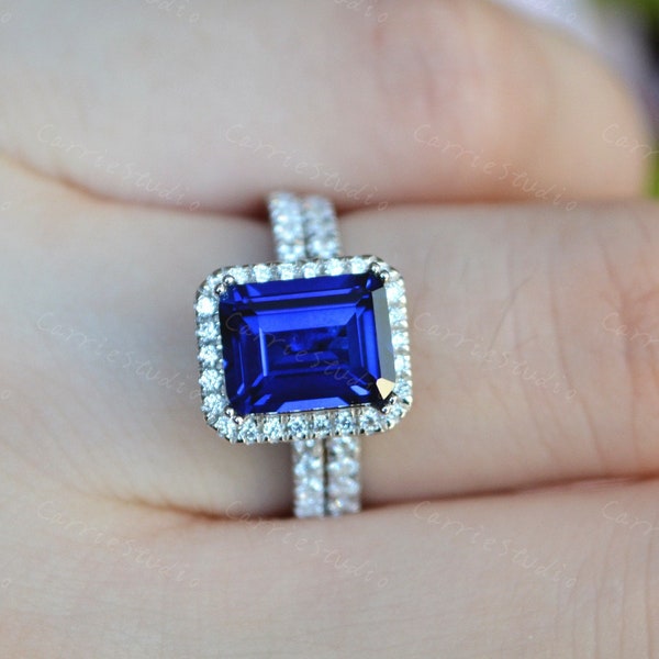 Handmade 7*9 mm Emerald cut Blue Sapphire Ring Set/Silver Halo Sapphire Engagement Ring Anniversary Ring/ Blue Gem Vintage Jewelry