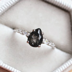 Black Rutilated Quartz Ring/Pear Rutilated Quartz Promise Ring/Anniversary Gift for Her/Silver Black Stone Ring