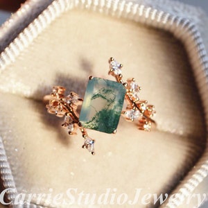 Twig Moss Agate Moissanite Engagement Ring - Rose Gold Nature Inspired Promise Ring - Personalized Anniversary Gift for her