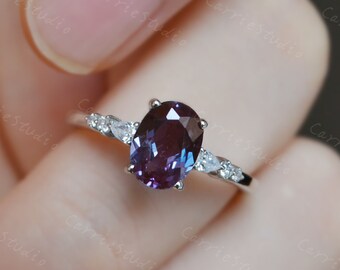 Oval Alexandrite Engagement Ring - Color Change Ring Silver - White Gold Promise Ring for Her