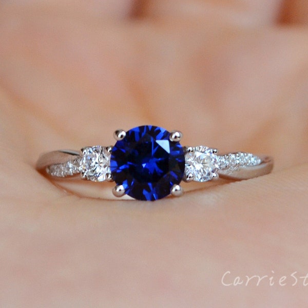 Handmade Twist Blue Sapphire Ring Silver - 3 Stone Engagement Ring -Vintage Promise Ring White Gold - Anniversary Gift for her