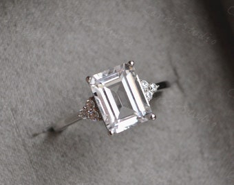 7*9 mm Emerald Cut White Sapphire Ring White Gem Engagement Ring Sapphire Promise Ring Anniversary Ring Gift